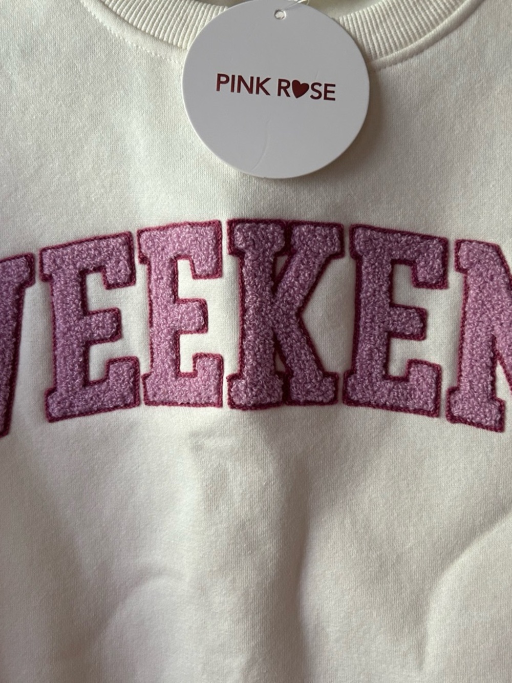 Pink Rose Cream Sweatshirt with Pink Chenille 'WEEKEND' Applique - Picture 3 of 7